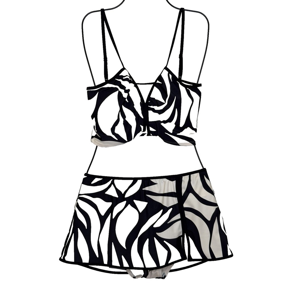 Sanctuary 2 Piece Swimsuit Medium Black Animal Print Full Coverage Top Skirt NEW